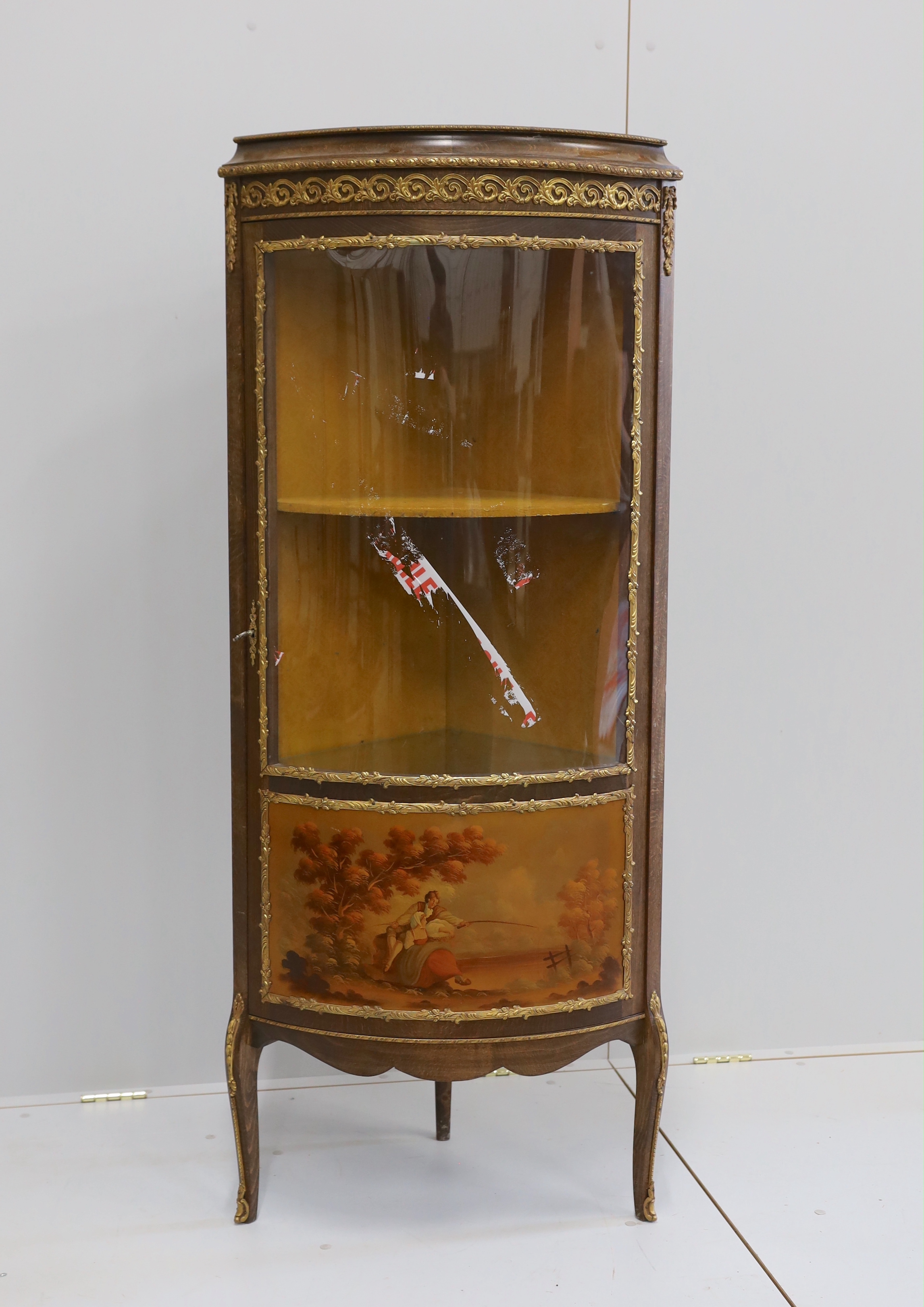 A Vernis Martin style gilt metal mounted beech corner vitrine, width 63cm, depth 44cm, height 152cm